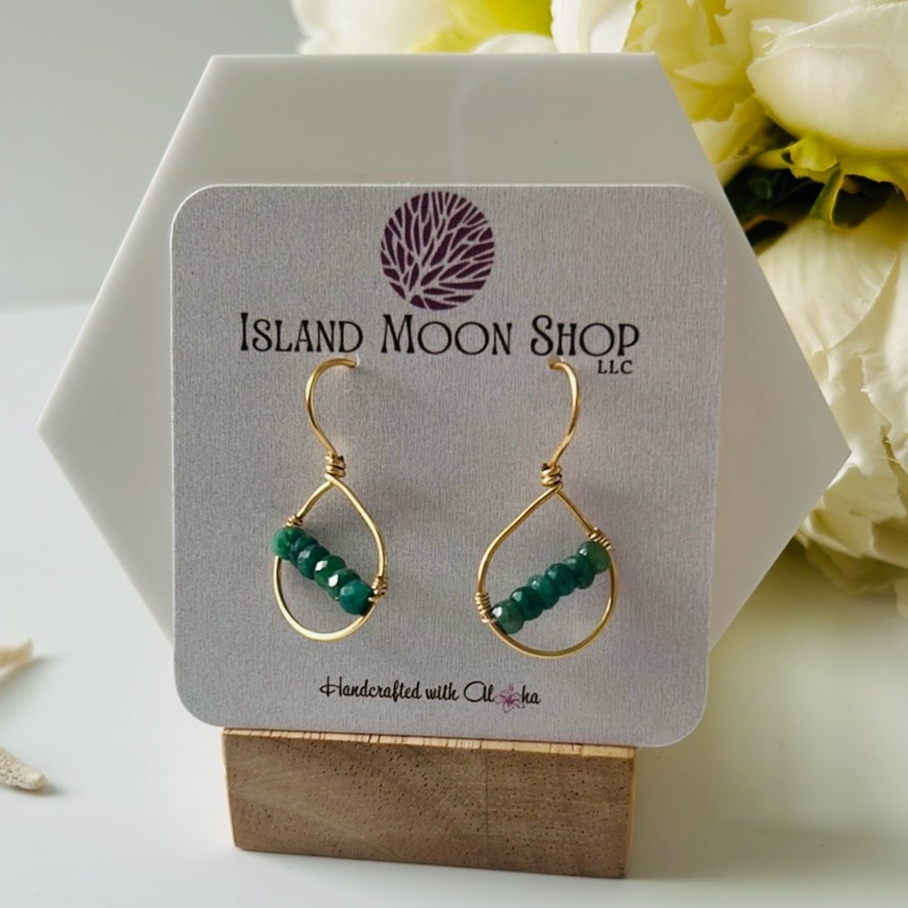 Handcrafted Dew Drop with Rough Emerald Gemstone Earrings Natures’s Elegance